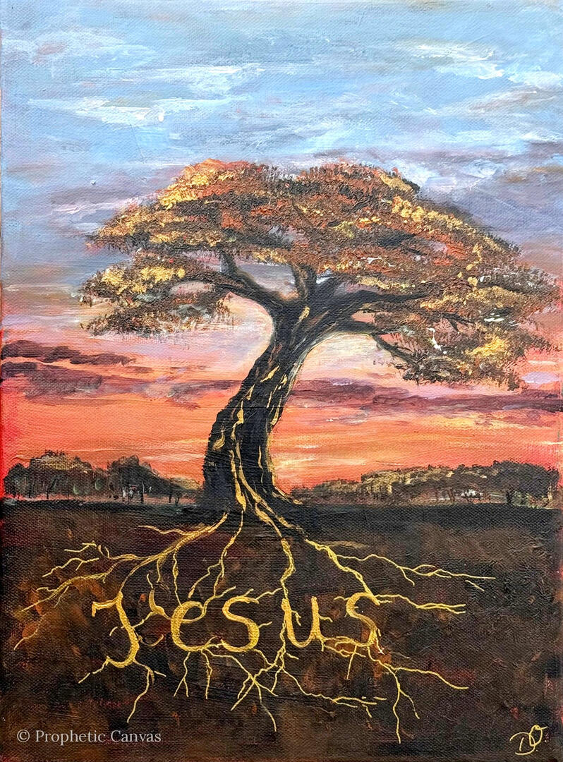 Пророческая живопись: дерево с глубокими корнями и словом «Jesus» – «Корни в Иисусе»